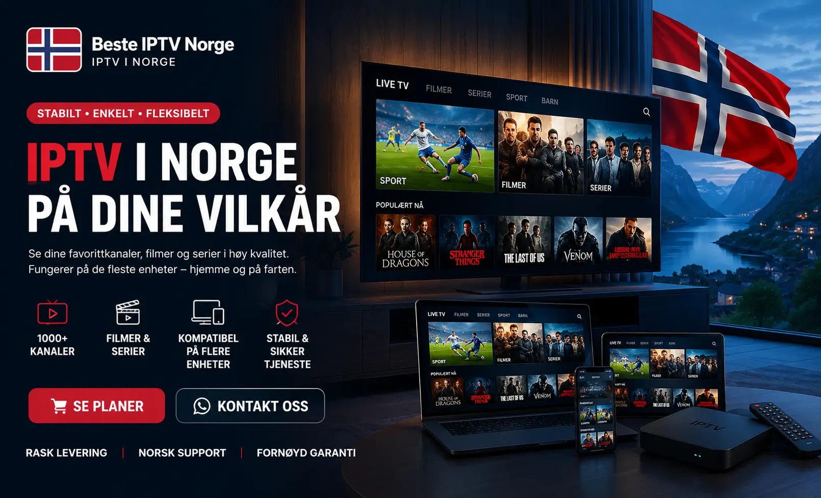 Beste IPTV Norge hero-bilde med Smart TV, norsk flagg og IPTV-visning i en moderne stue med fjordlandskap.